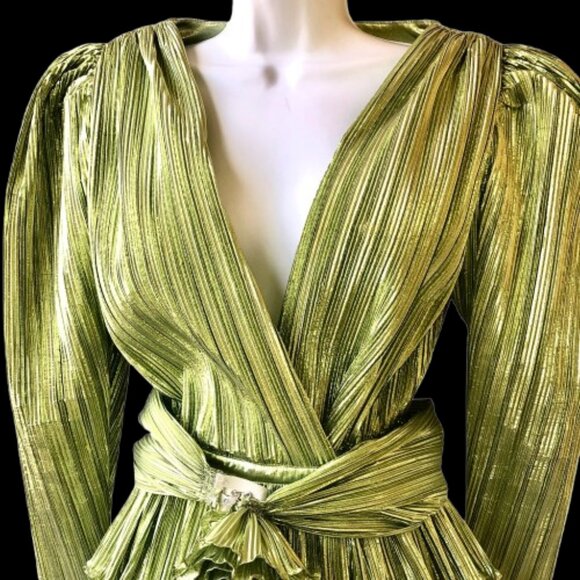 Vintage 80's Metallic Peridot Accordian Pleats Evening Blouse Belt Flower - Picture 7 of 14